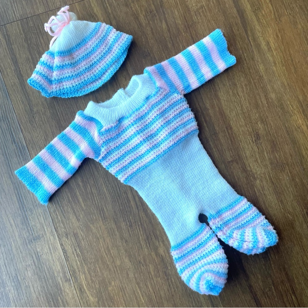 Vintage Doll Outfit Sleeper Knit Hat Jumper Sweater Bodysuit Pink Blue White